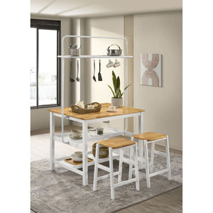 Prager - 3 Piece Kitchen Island Counter Table Set With Overhead Rack And Backless Stools - White