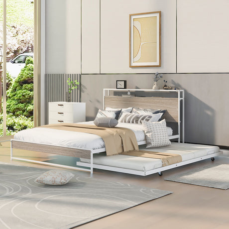 Platform Bed Frame With Trundle, USB Ports And Slat Support, No Box Spring Needed