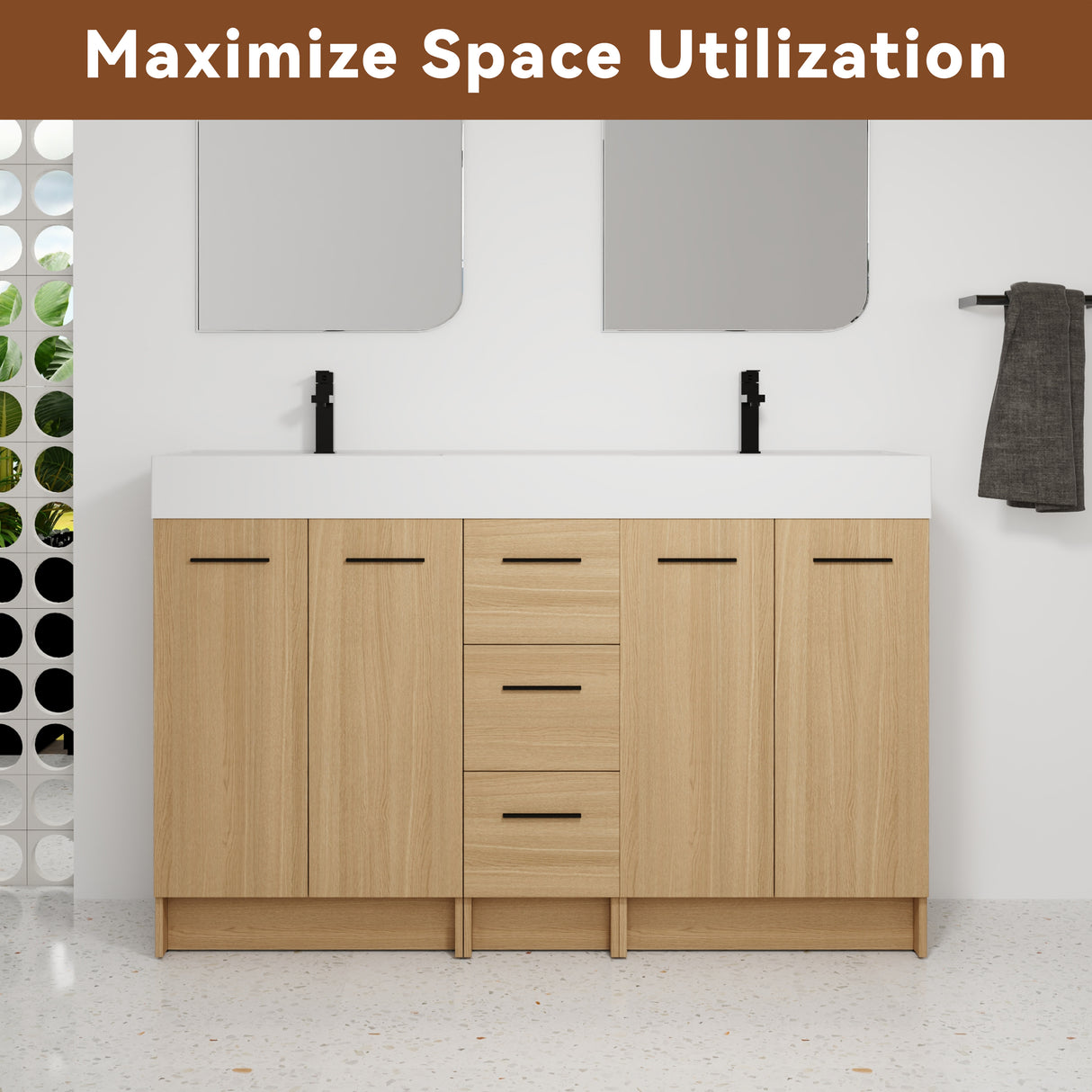 60" Double Sink Bathroom Vanity with 3 Drawers and Large Storage