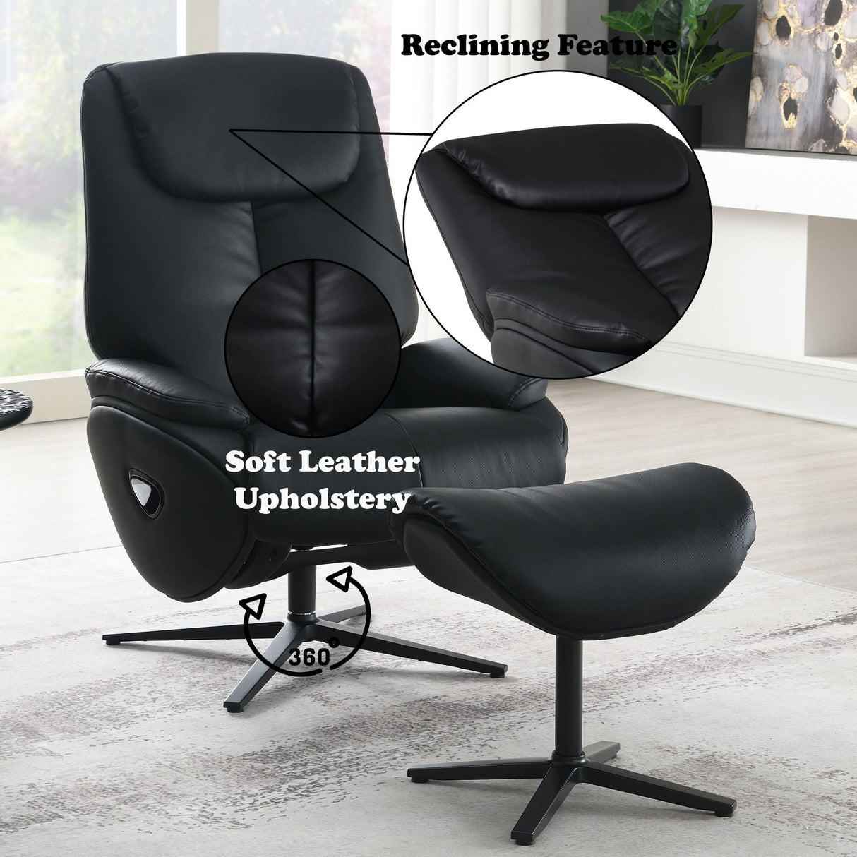 Labotina - Top Grain Leather Accent Chair With Swivel & Ottoman - Black - Best Buy Furniture