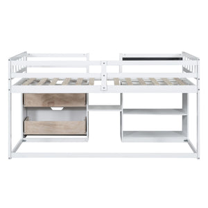 Low Loft Bed With Rolling Desk, Shelf And Drawers