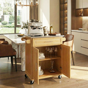 Indoor Compact Bamboo Rolling Kitchen Cart with Stainless Steel Top