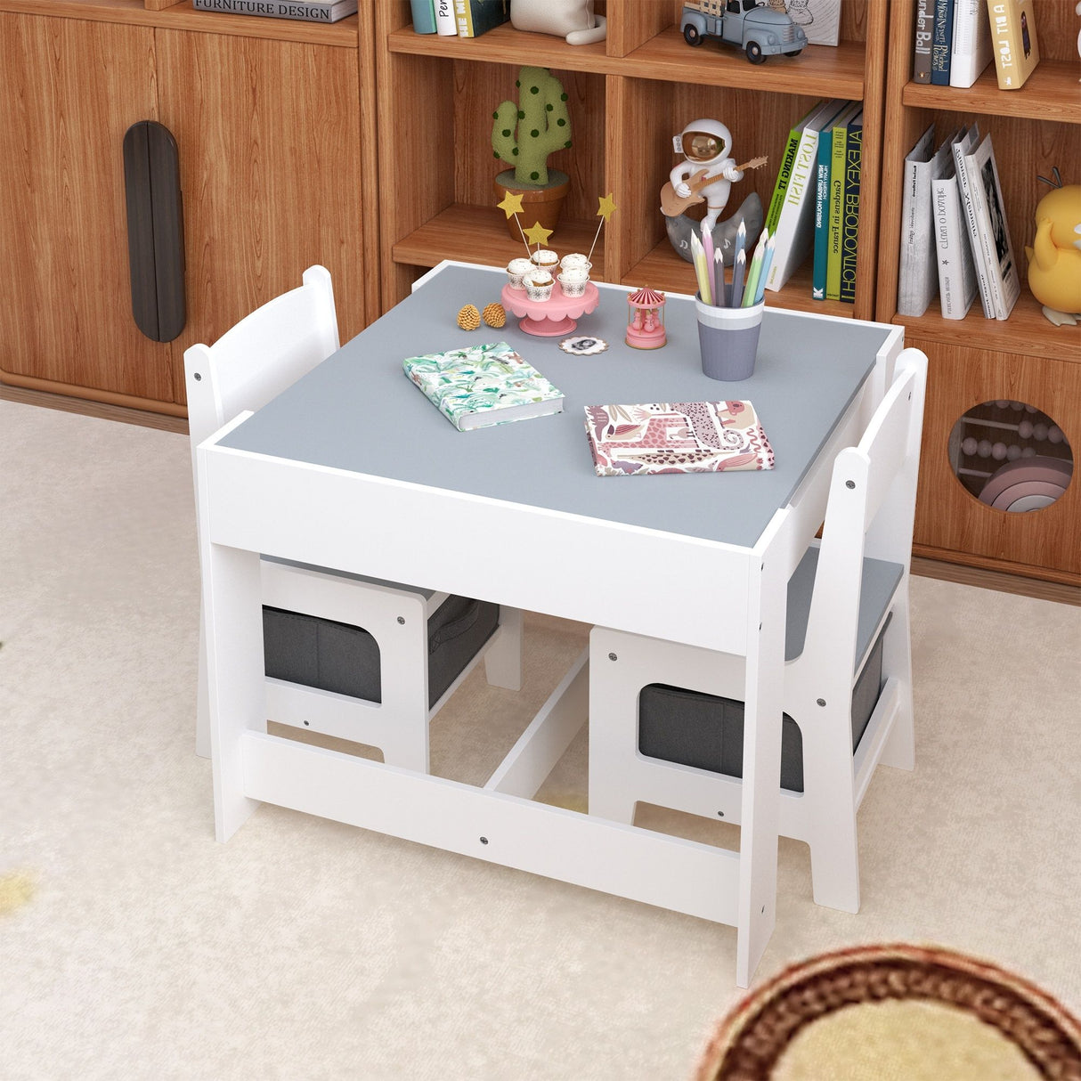 Kids Table And Chair Set, 3 In 1 Activity Table With Storage Drawer For Toddlers Drawing, Reading, Crafts, 2 In 1 Detachable Top - White
