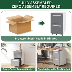 2-Drawer Mobile File Cabinet With Lock,On 360° Wheels, Holds A4/Letter/Legal Files - White