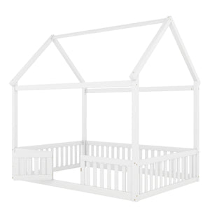 Wood House Bed With Fence And Door