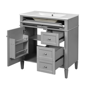 Bathroom Vanity With Top Sink, Freestanding Storage Cabinet With 2 Doors And 3 Drawers, Mirror Cabinet Included - Gray