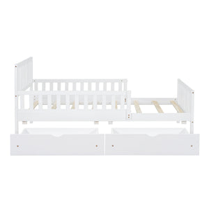 Platform Bed With Guardrails On Both Sides And 2 Storage Drawers