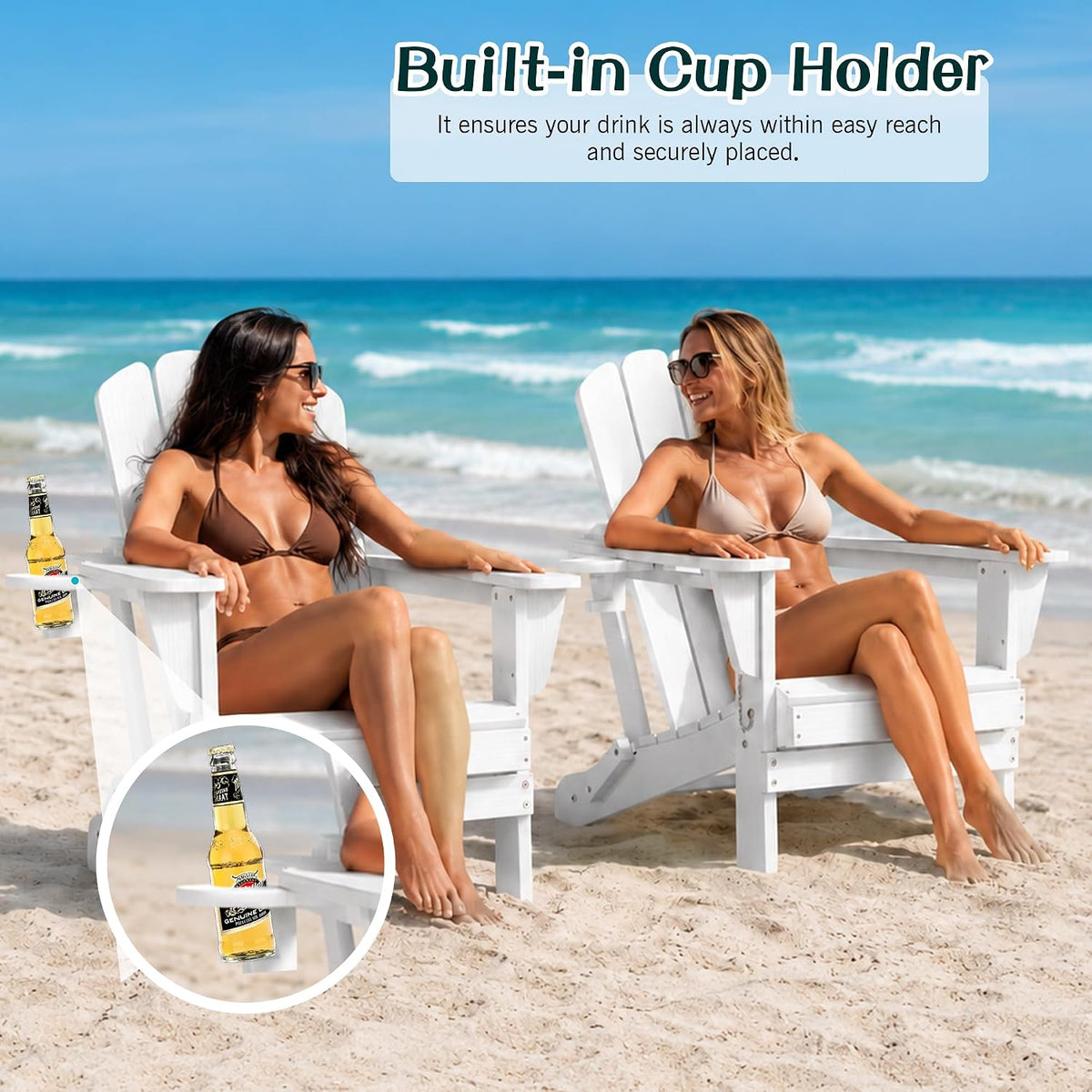 Adirondack Chairs Set of 2 with Folding Design and Cup Holder - White