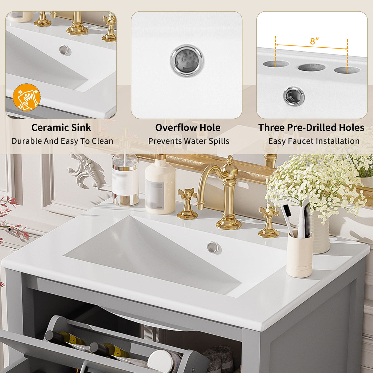 Bathroom Vanity With Ceramic Sink, Soft Close Doors, Flip Drawer, Double Layer Door Shelves