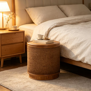 Round Rattan Coffee Table with Lift-Off Lid Storage