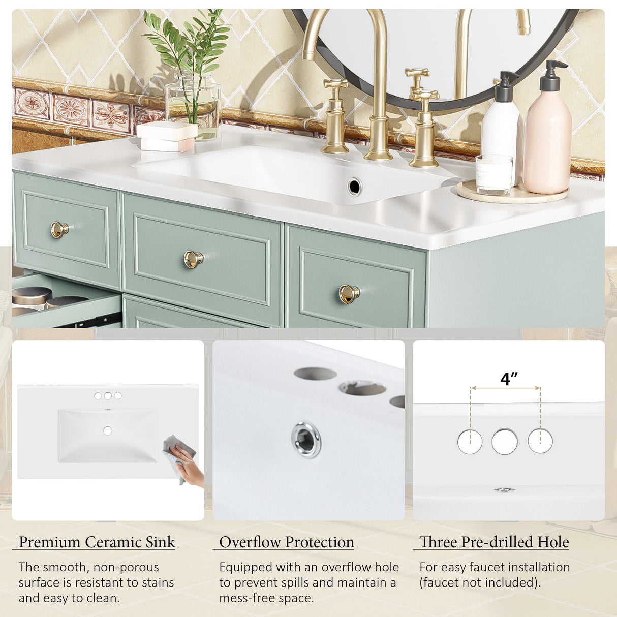 Bathroom Vanity With Ceramic Sink, Soft Close Doors, Adjustable Shelves