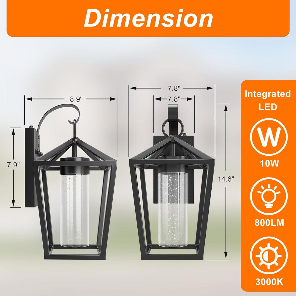 15-Inch Dimmable LED Outdoor Wall Sconce, Black Seeded Glass