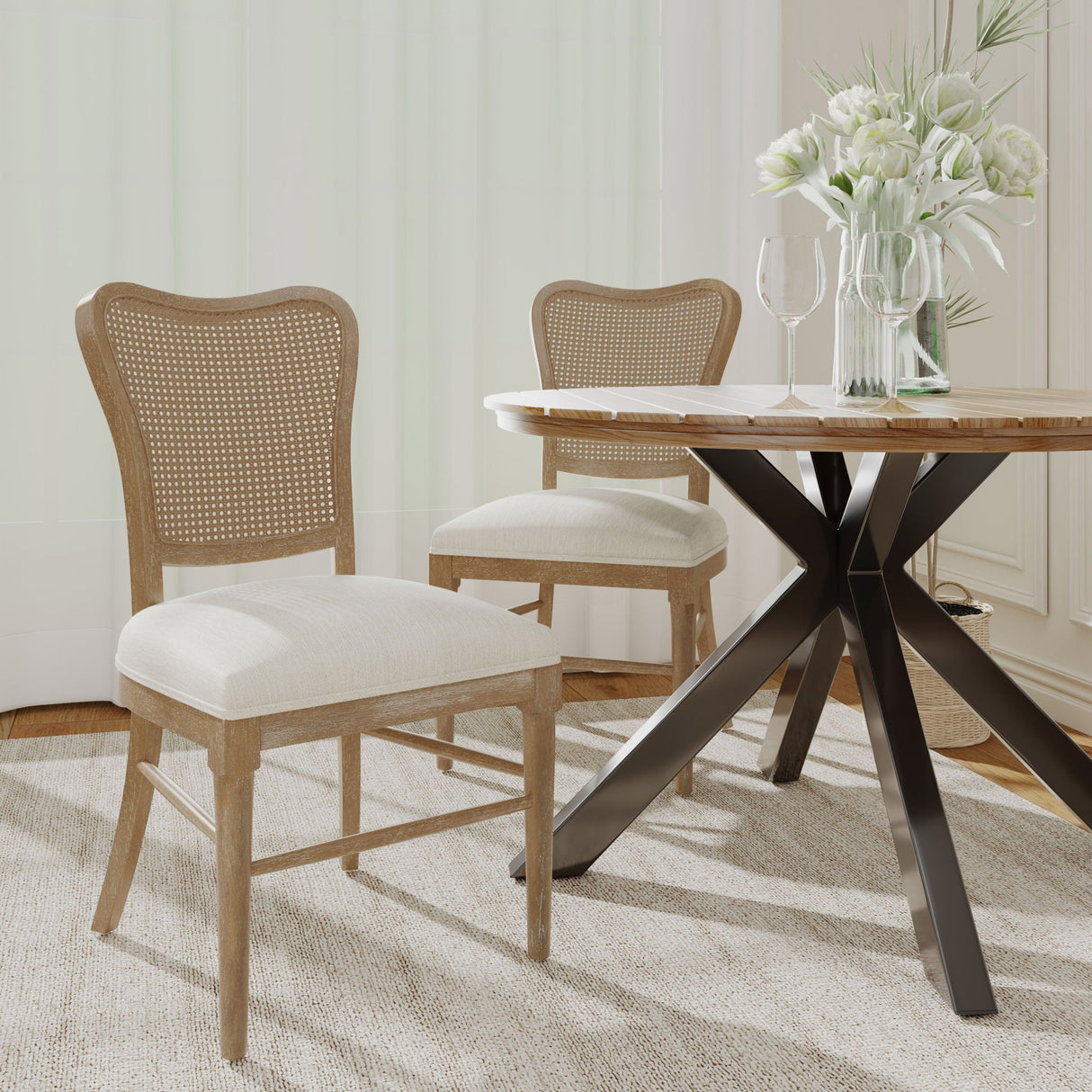 Classic Retro Dining Chair (Set of 2) with Rattan Backrest - Dark Brown / Beige