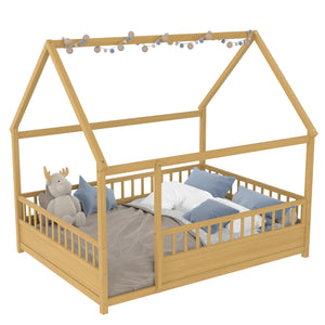 Full Size Wooden Bed with House Roof Frame