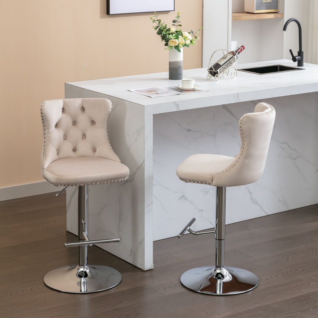 Swivel Barstools Adjusatble Seat Height From 25-33", Modern Upholstered Base Bar Stools With Backs Comfortable Tufted For Home Pub And Kitchen Island (Set of 2)