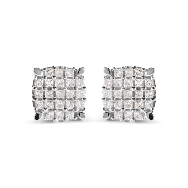 10K White Gold 3/4 Cttw Princess Diamond Composite Cushion Shape Stud Earrings (I-J Color, I1-I2 Clarity)