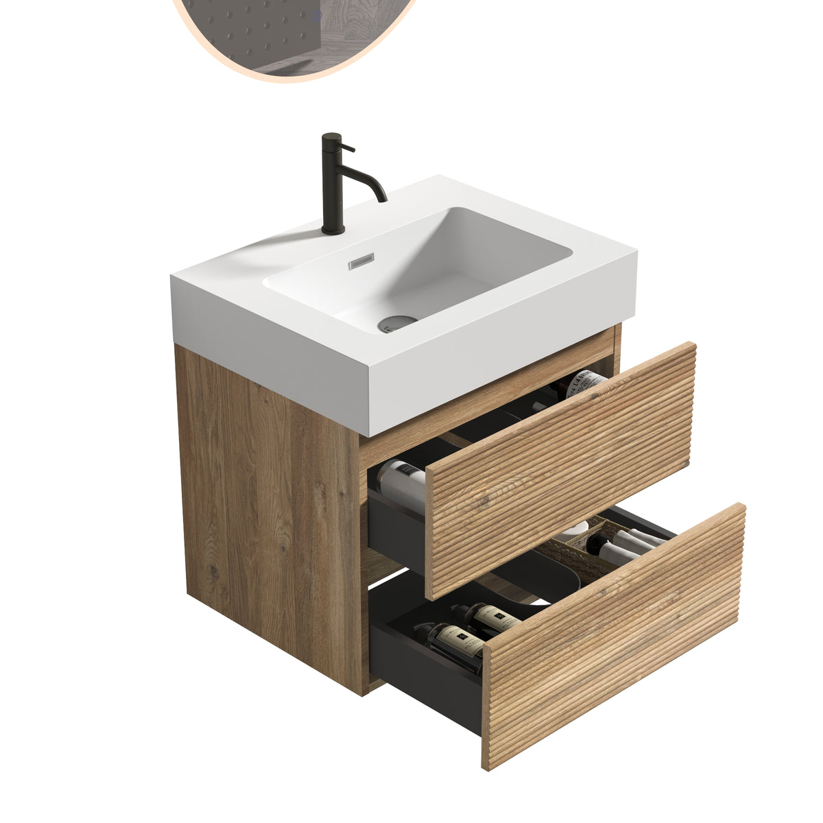 Grace 24-Inch Wall-Mounted Bathroom Vanity, Oak with White Solid Surface Sink