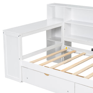 Platform Bed With Upholstered Headboard, Storage Shelves, Drawers, Charging Station, LED Lighting, Built In Desk