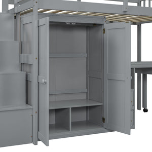 Loft Bed With Stairs, Bookshelf, Drawers, Desk & Wardrobe, Space Saving Multifunctional Furniture