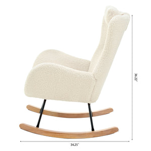 Rocking Chair Nursery, Teddy Upholstered Rocker Glider Chair With High Backrest, Adjustable Headrest & Pocket, Comfy Glider Chair For Nursery, Bedroom, Living Room, Offices, Rubber Wood