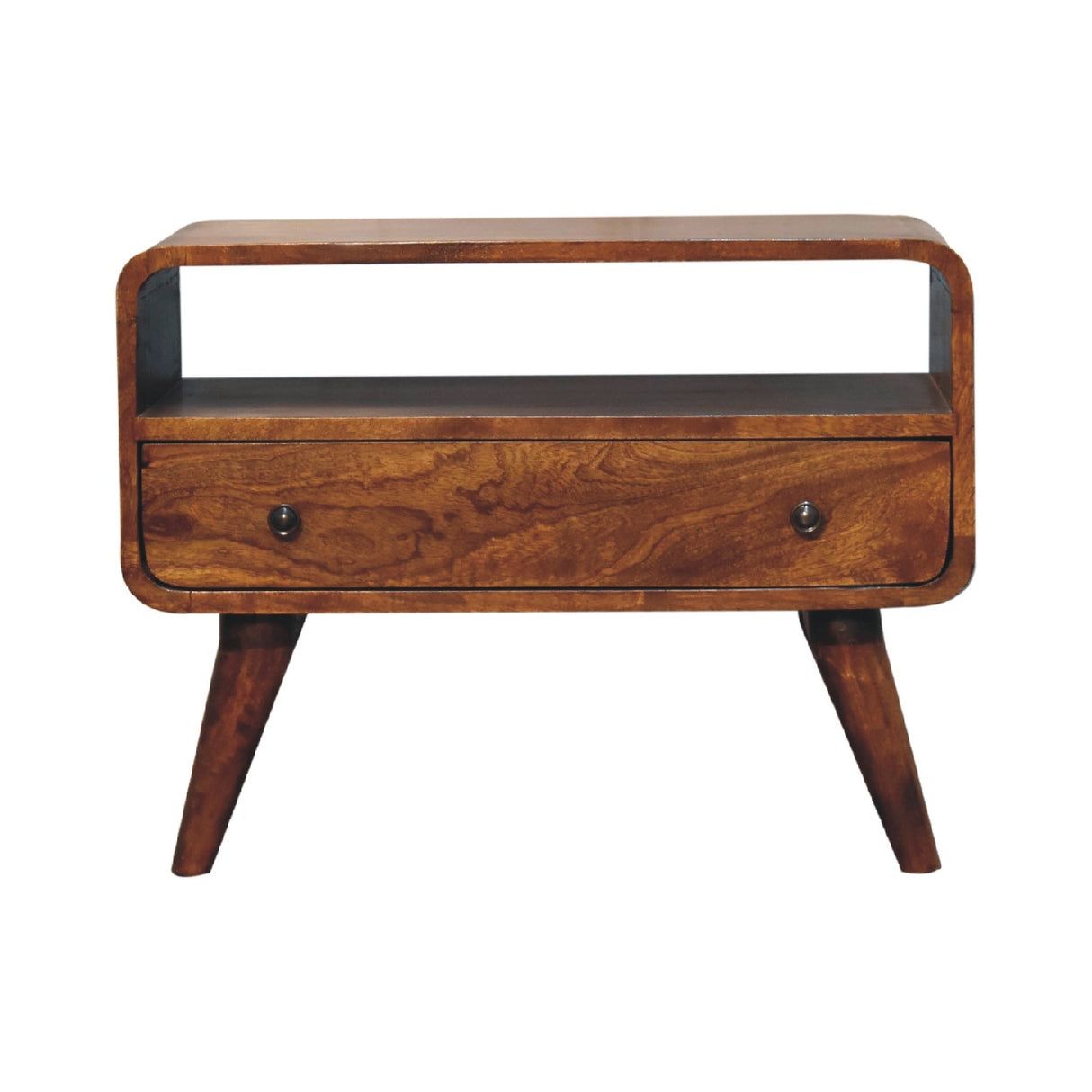 Solid Wood Mini Curved Media Unit, Chestnut, 1-Drawer, 1 Open Slot