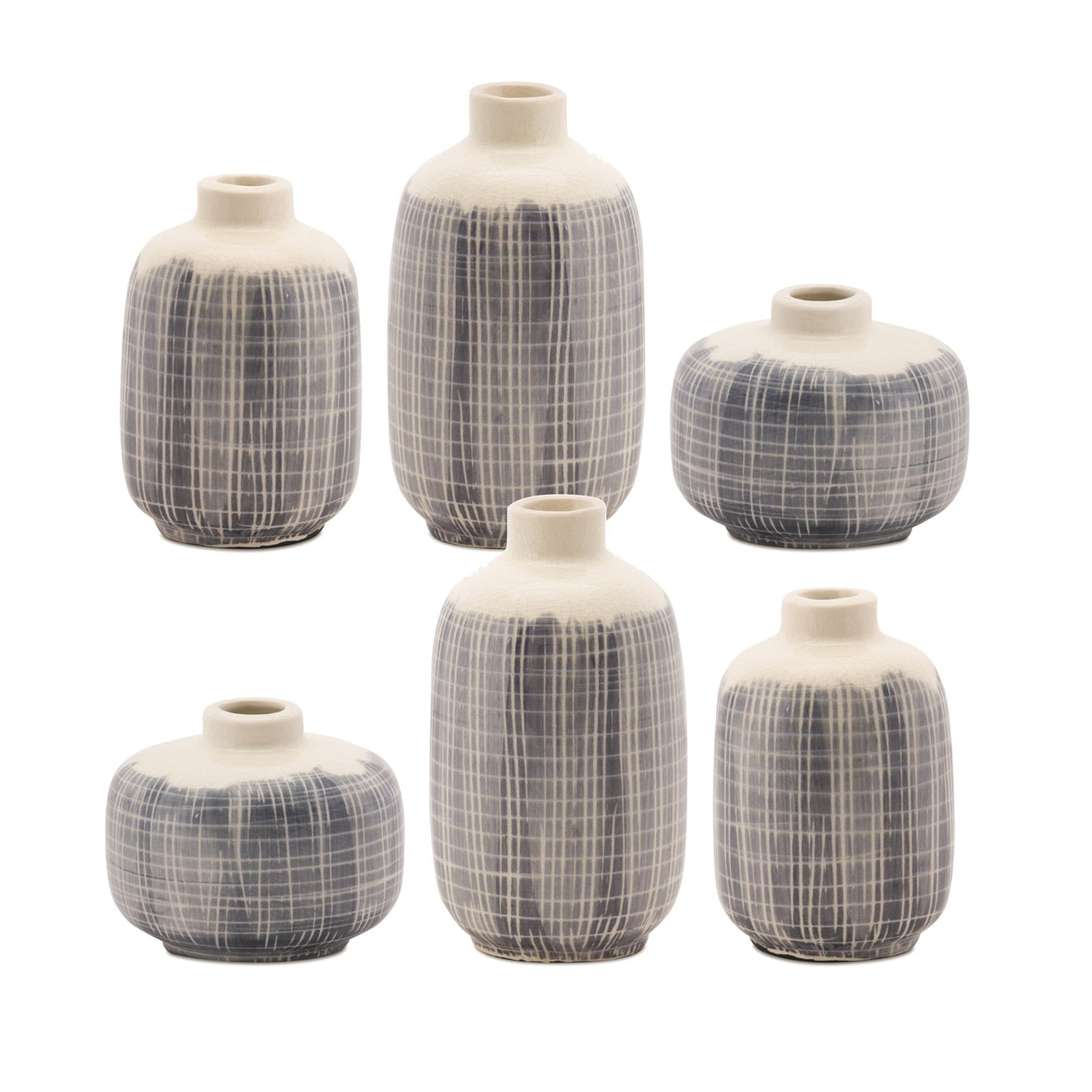 Mini-Terra-Cotta-Bud-Vase-with-Navy-Criss-Cross-Pattern-(Set-of-6)-Vases