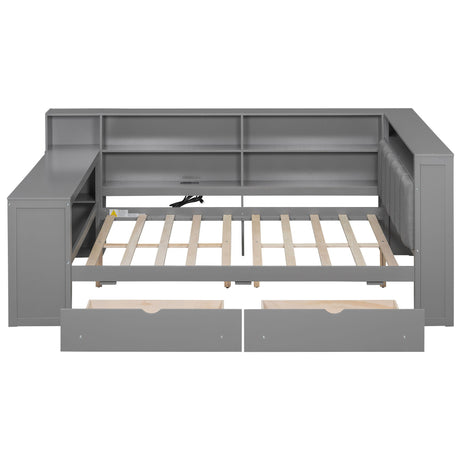 Platform Bed With Upholstered Headboard, Storage Shelves, Drawers, Charging Station, LED Lighting, Built In Desk