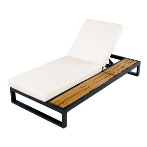 Black Iron & Teak Finish Chaise Lounge Set: 1 Frame + 1 2-Fold