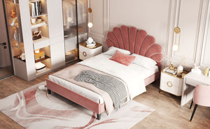 Upholstered Platform Bed With Flower Pattern Headboard