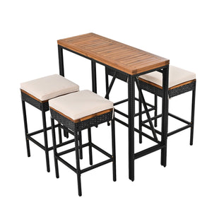 Outdoor Acacia Wood Bar Height Table And Eight Stools With Cushions