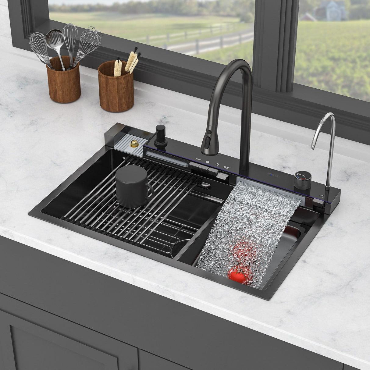30" Whale Digital Waterfall Kitchen Sink with LED Display, 16 Gauge, Gunmetal Black