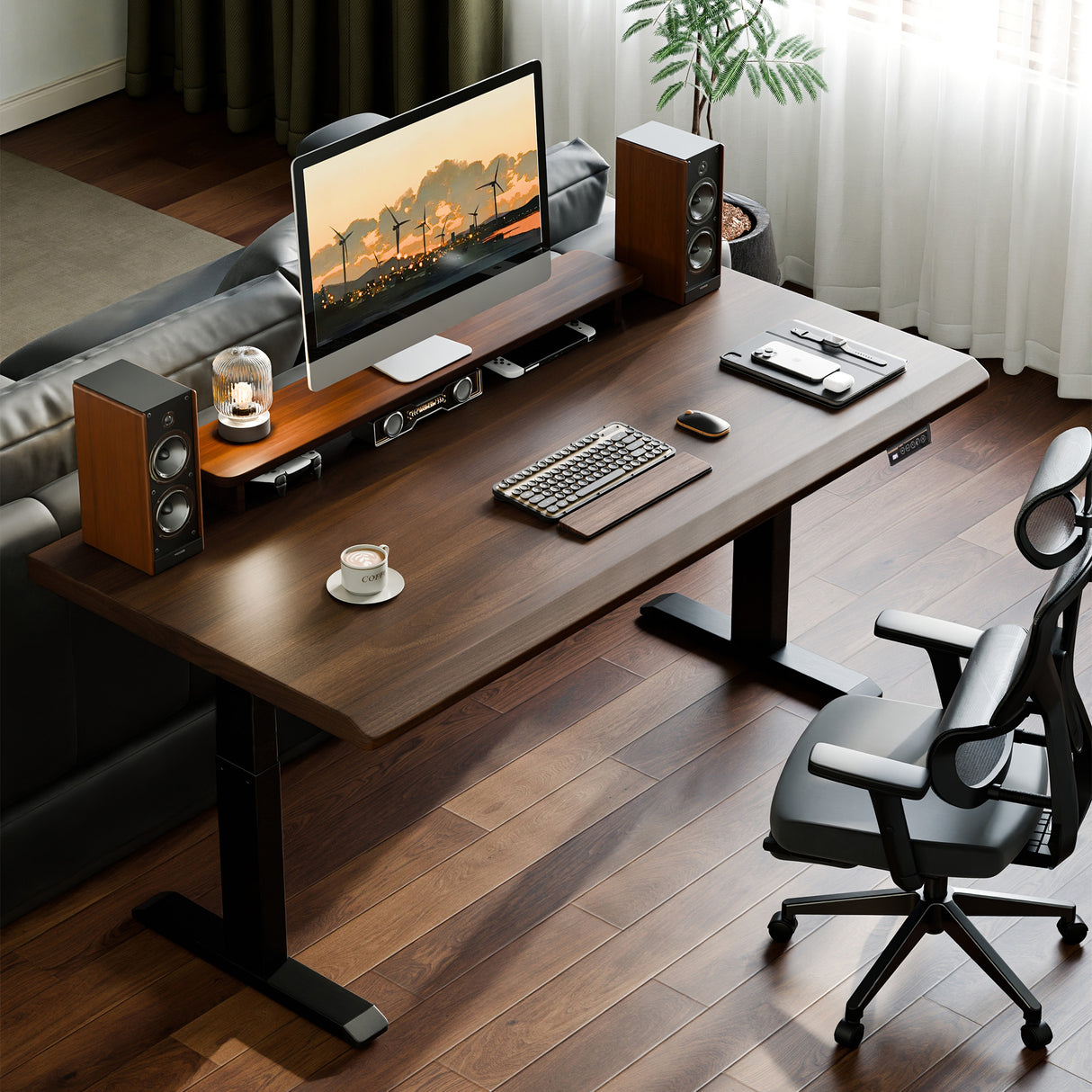 Solid Rubberwood Electric Standing Desk, Adjustable Height Sit Stand Desk with Single Motor, Ergonomic Home Office Desk with 2-Tier Legs
