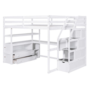 Loft Bed With Desk, Shelves, 2 Drawers, Storage Staircase