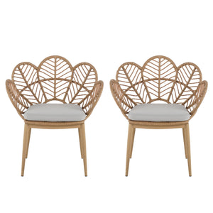 Kirk - Outdoor Wicker Peacock Shape Papasan Style Chair, Teak Finished Leg (Set of 2) - Beige / Light Brown / Light Teak