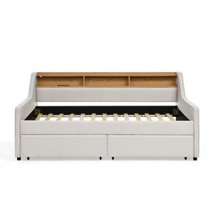 Twin Upholstered Sofa Bed With LED Lights, Storage Drawers, Adjustable Headboard & Wireless Charging - Beige