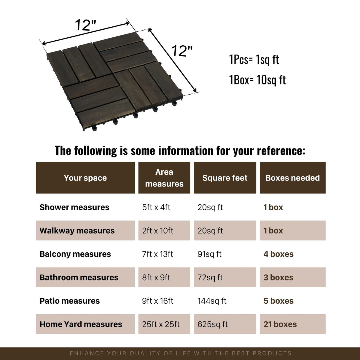 Acacia Wood Interlocking Deck Tiles Checker Pattern For Outdoor Flooring