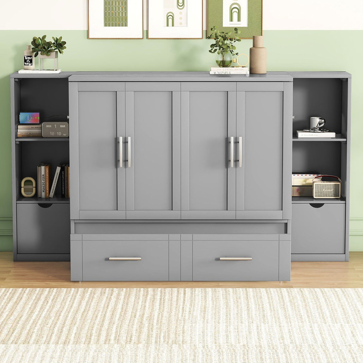 Murphy Bed With Shelves, Drawers And USB Ports