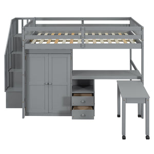 Loft Bed With Stairs, Bookshelf, Drawers, Desk & Wardrobe, Space Saving Multifunctional Furniture