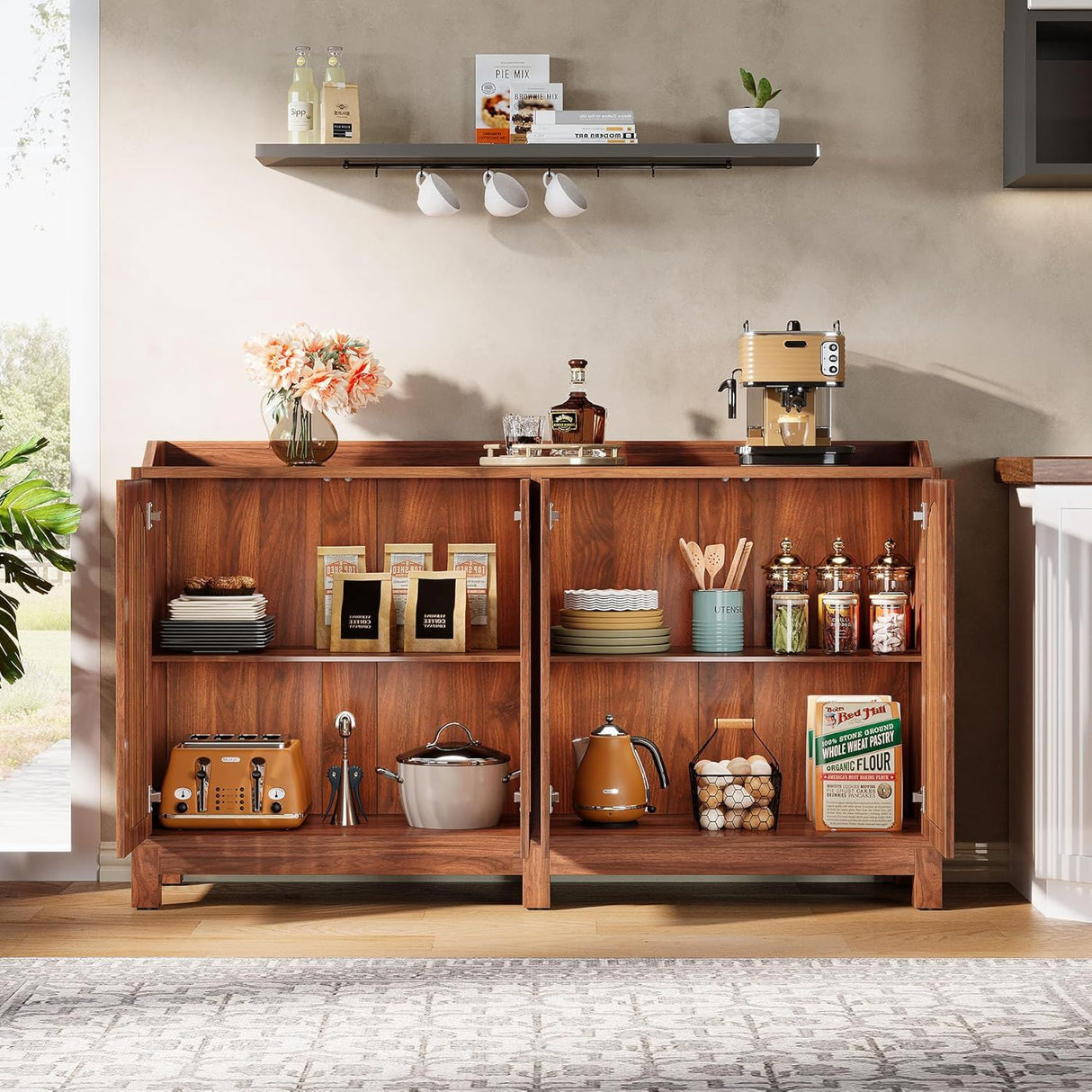 Sideboard Buffet Cabinet With 4 Doors & Shelves, Credenza Table For Dining Room - Brown