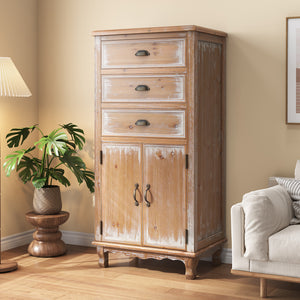 Rustic Wooden Storage Cabinet with Decorative Cutout Door & 3 Drawers