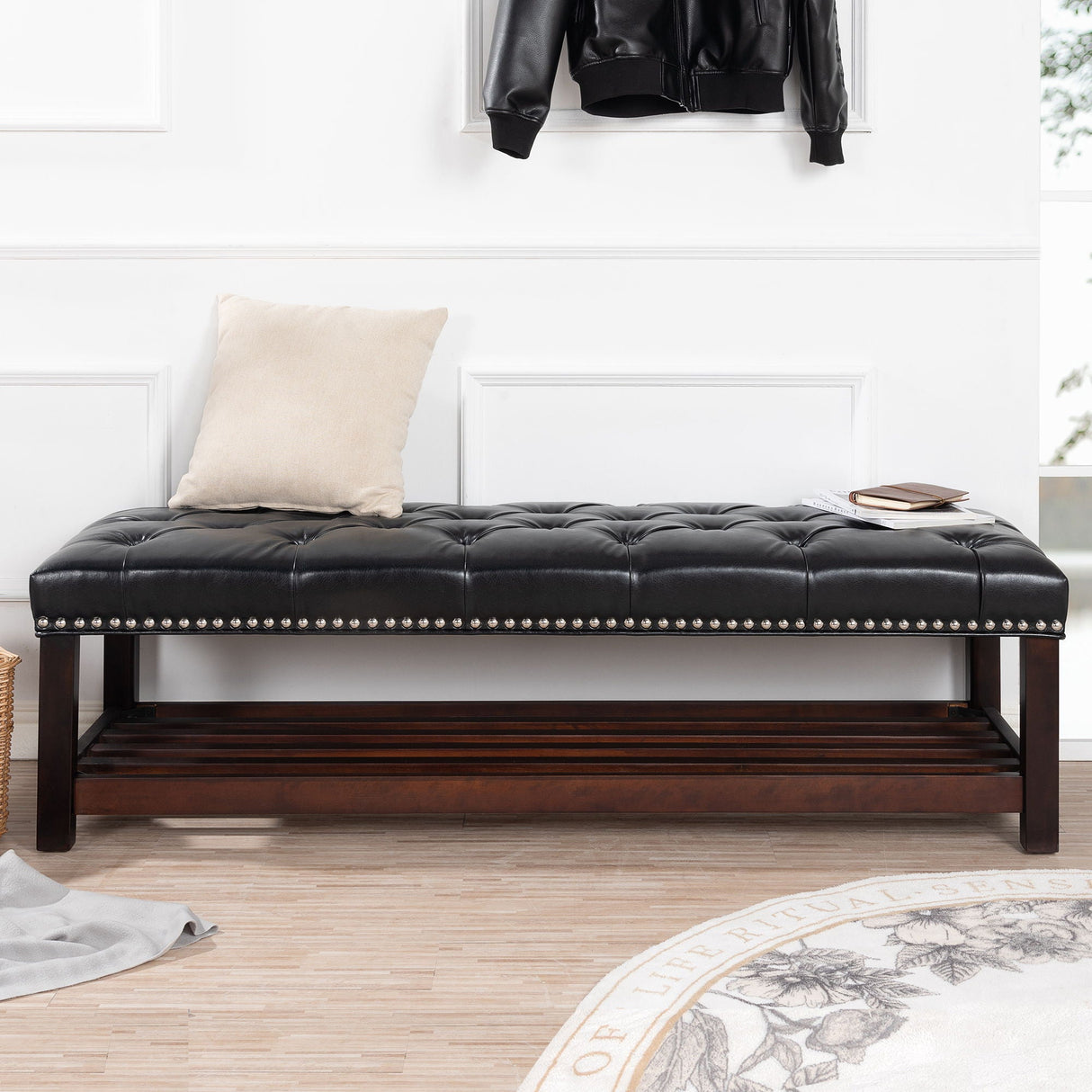 Bedroom End Of Bed Bench Tufted Upholstered End Of Bed Bench End Of Bed Entrance Shoe Bench With Nailhead Trim And Shelf Bedroom Upholstered Bench Living Room Shoe Rack Footstool