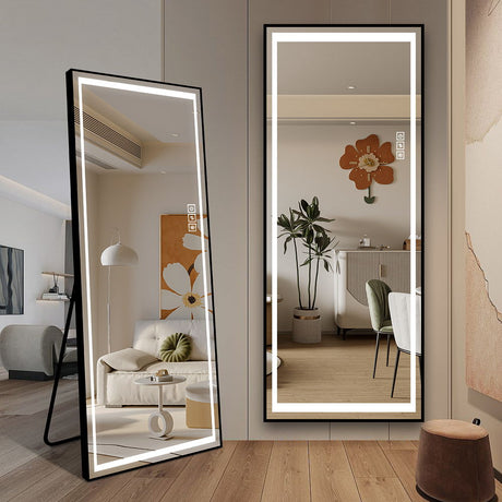 Led Mirror Full Length Mirror With Lights Wide Standing Tall Full Size Mirror For Bedroom Giant Full Body Mirror Large Floor Mirror With Lights Stand Up Dressing Big Lighted Mirror - Black