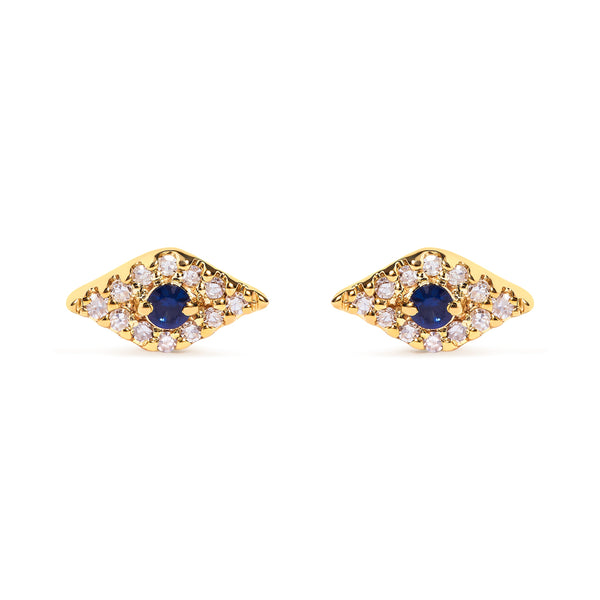 10K Yellow Gold Blue Sapphire and Diamond Accent Evil Eye Stud Earring (H-I Color, I1-I2 Clarity)