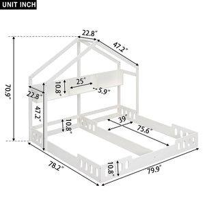 Twin Size Platform Bed With Shared Design, Guardrails, And Built In Shelves - Creamy White
