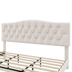 King Upholstered Platform Bed With Curved Adjustable Headboard And Diamond Tufted Details, No Box Spring Needed - Beige