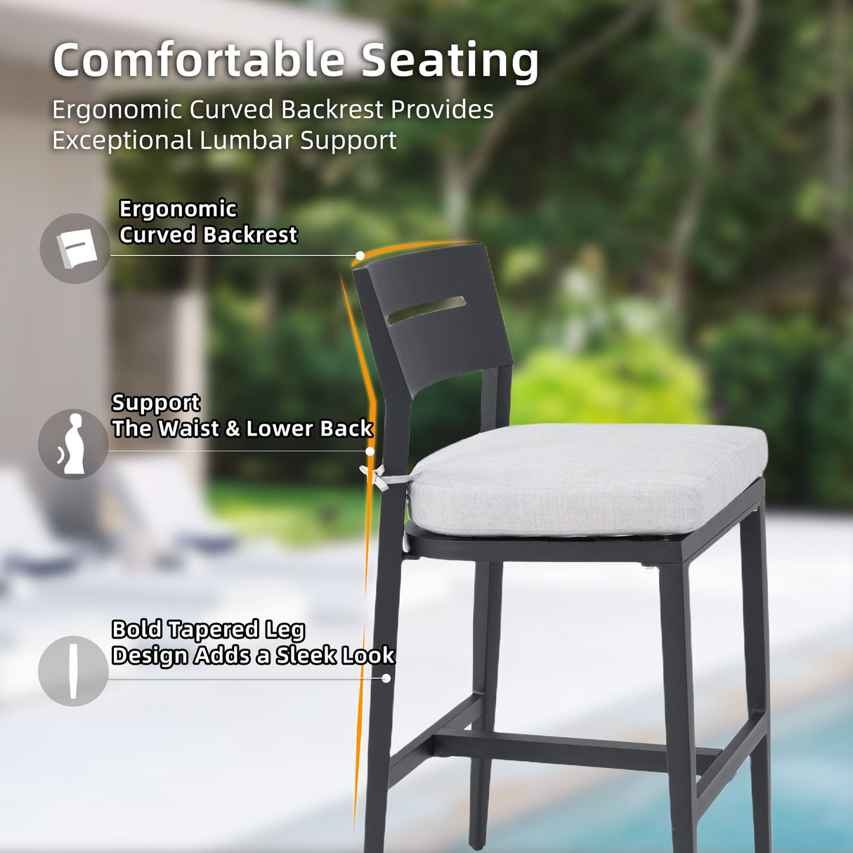 Modern Outdoor Patio Bar Set, Rounded Square Table & Bar Chairs, Non Rust Frame, Tapered Legs, Sunbrella Cushion