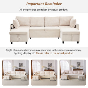 Sectional Sofa Bed With Pull Out Sleeper, USB Ports, Cup Holders