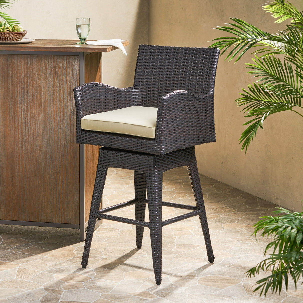 Outdoor Modern Rattan Swivel Barstool With Tapered Legs - Beige / Multibrown - Best Buy Furniture