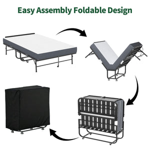 Twin Wide Folding Bed With Adjustable Headboard, Extra Long Rollaway For Tall People, Memory Foam Mattress - Black