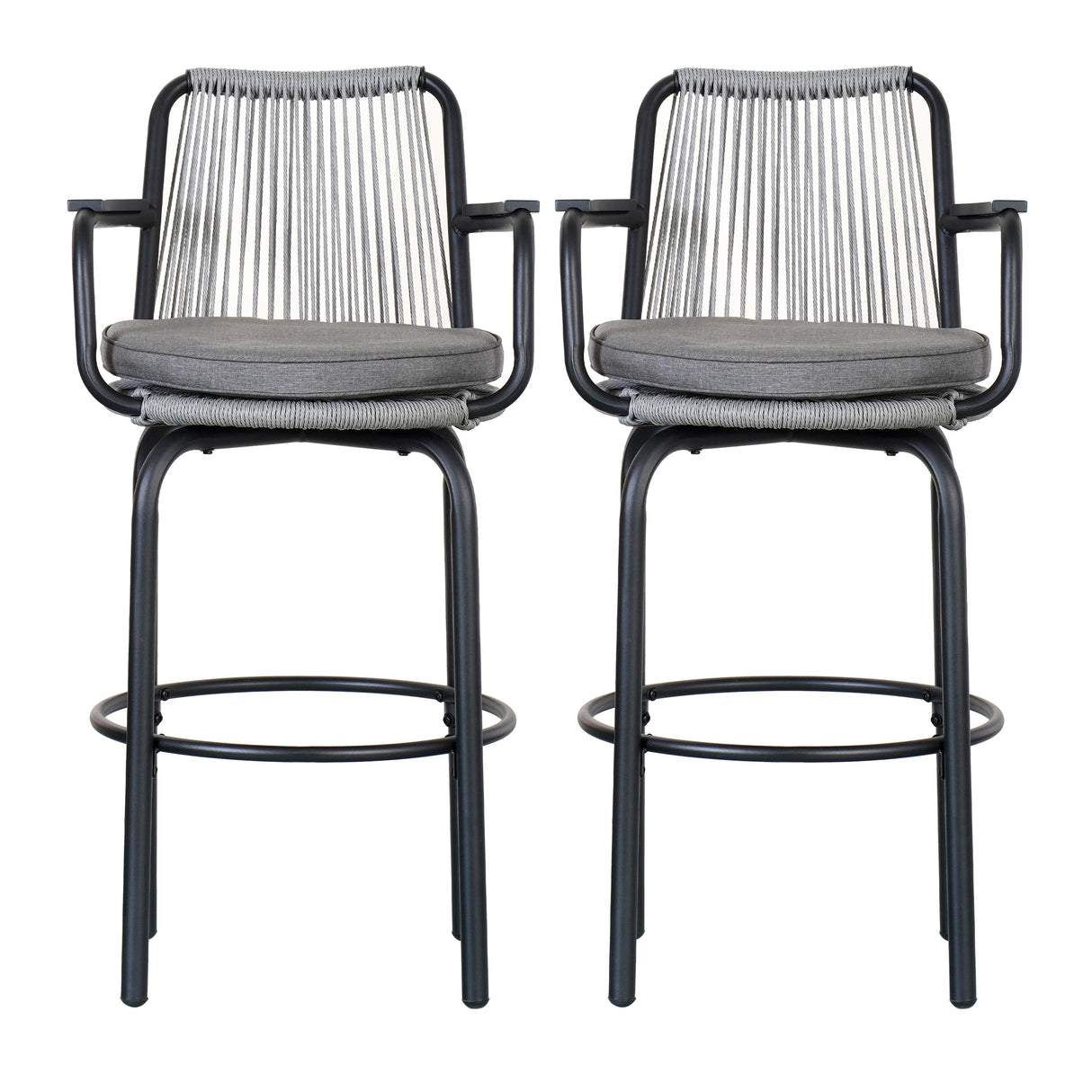 Outdoor Patio Bar Stools 29"H Set of 2, Modern Woven Rattan Rope Bar Height Chair